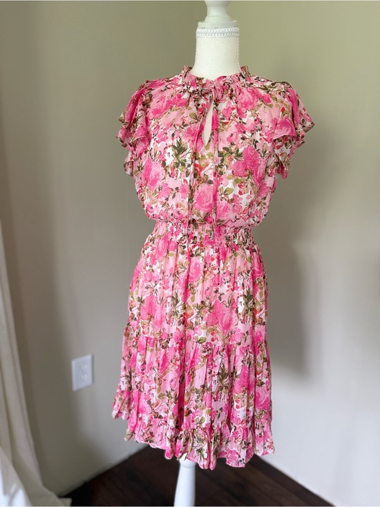 MSK Dresses & Skirts - MSK Smocked Waist Tie Crew Neck Dress Pink Floral Ruffle Mini Dress fairycore S